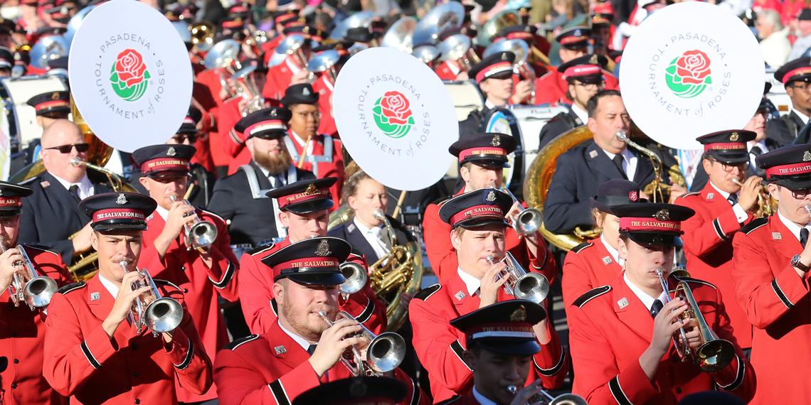 The Salvation Army Tournament of Roses Band marches in the Rose Parade for the 100th time on 1 January 2019 in Pasadena, CA.