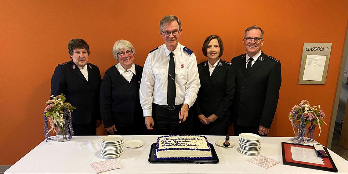 Dr James Read with Chief Secretary Colonel Evie Diaz, his wife, Laurie, and territorial leaders Commissioners Tracey and Floyd Tidd